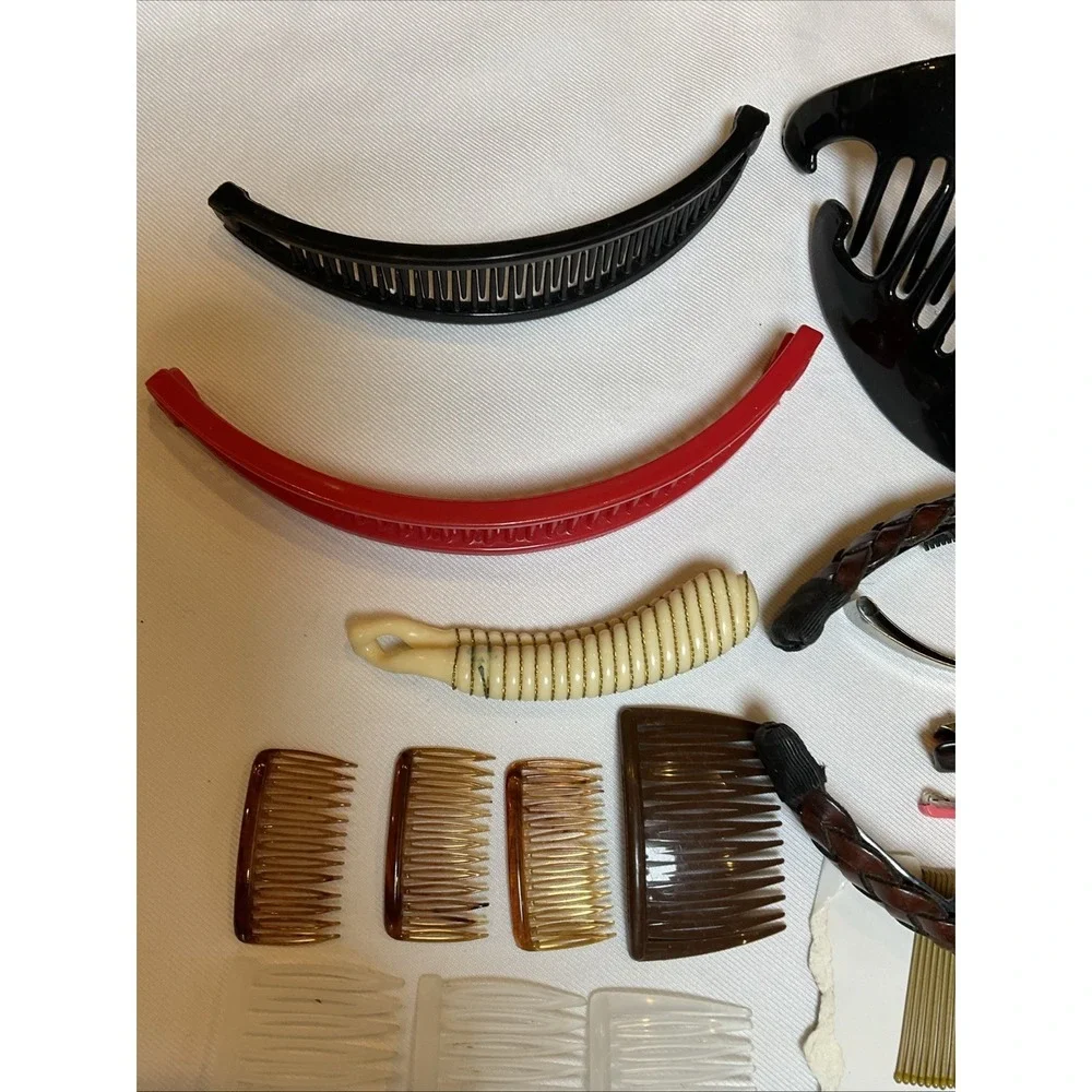 Vintage Hair Accessory Lot Of 24 Banana Clip Barrette Combs Pins Band Cincher